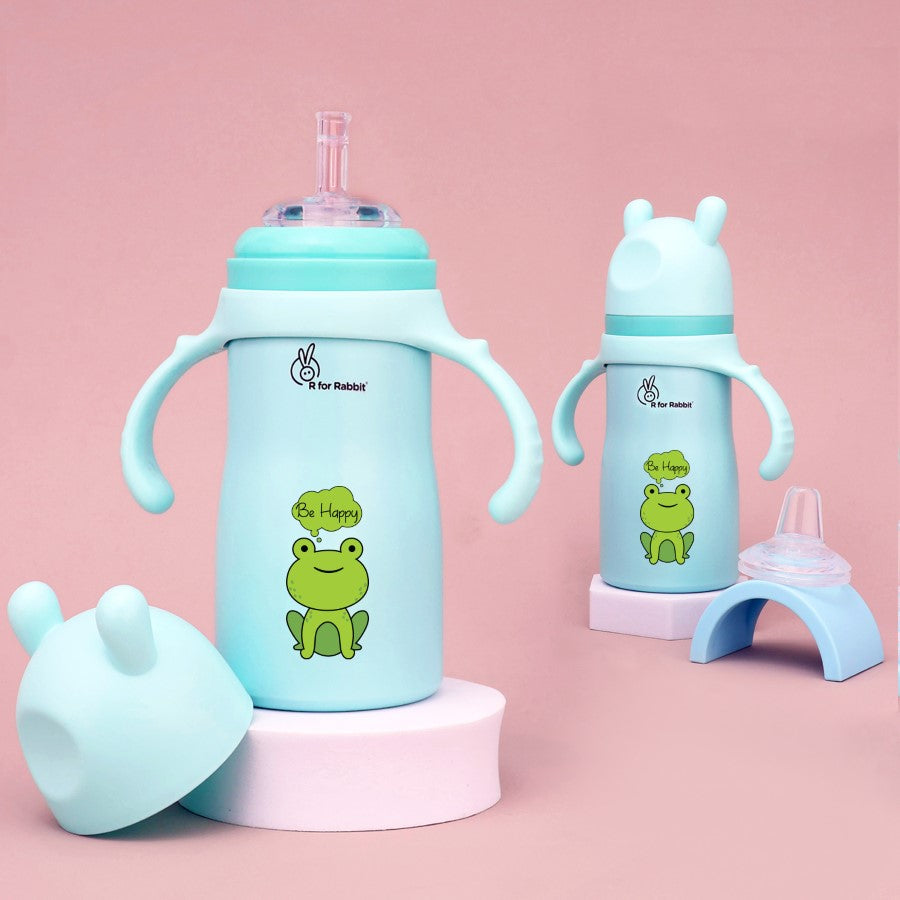 Steebo Tiny Tales Spout and Straw Sipper SS Bottle 270ml Personalized Name - Lake Blue