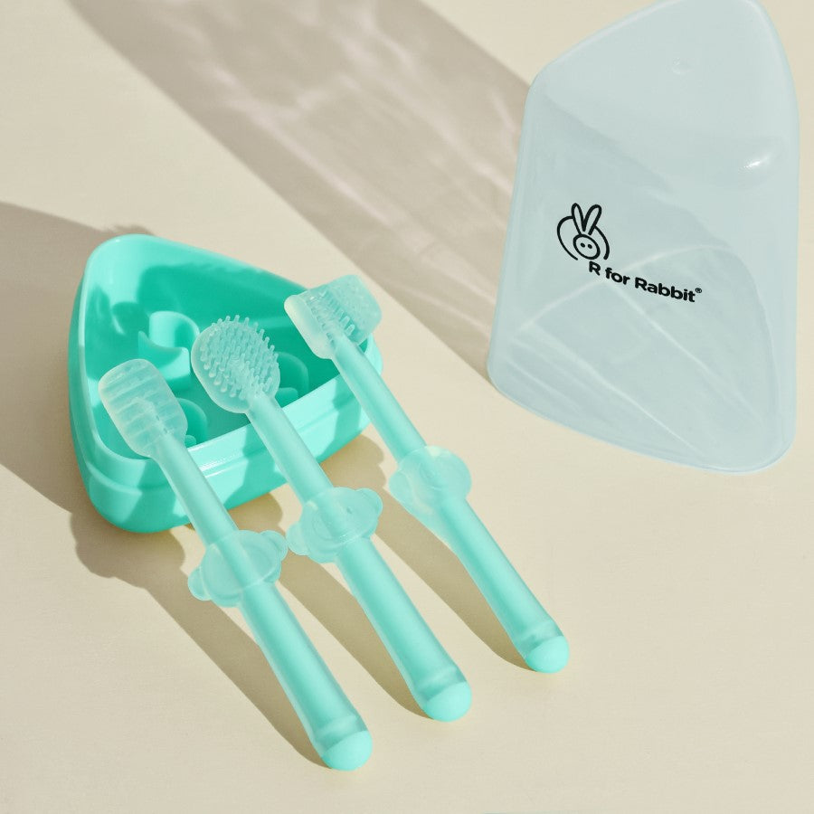 Tiny Smiles Pixie 3-in-1 Baby Toothbrush Set, BPA-Free Silicone, Gum Massager, U-Shaped & Toddler Brush - Lake Blue