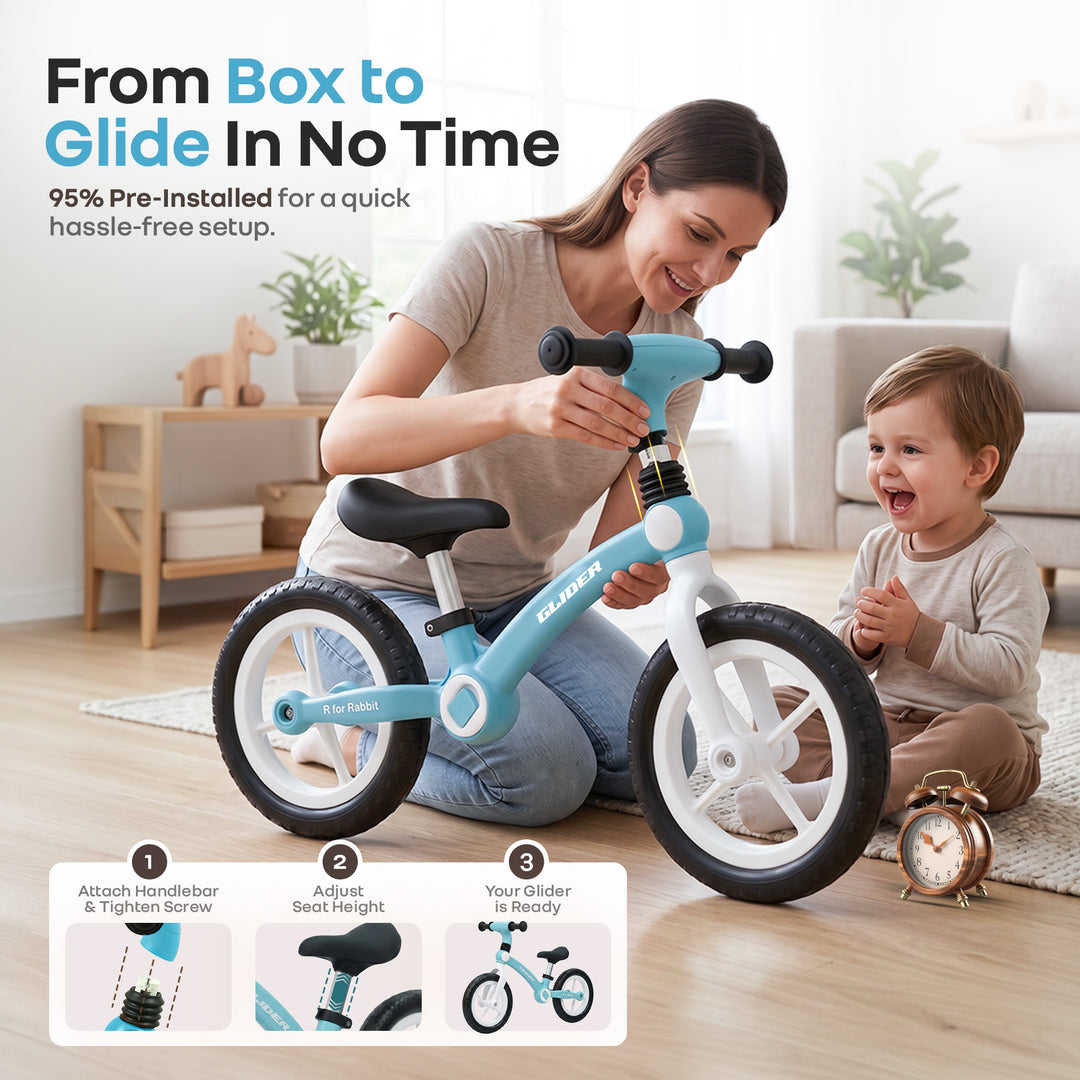 Glider Balance Bike for Kids with Adjustable PU Cushioned Seat, Puncture Proof EVA Wheels & Soft TPE Handles - Lake Blue