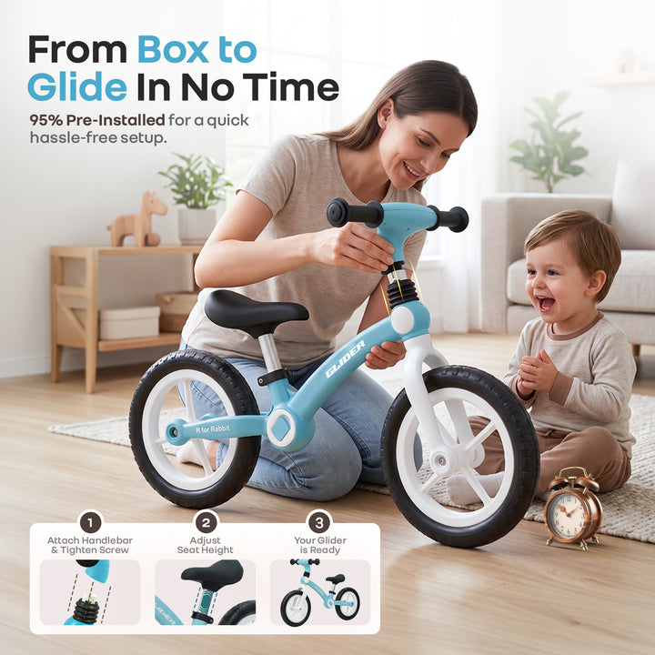 Glider Balance Bike for Kids with Adjustable PU Cushioned Seat, Puncture Proof EVA Wheels & Soft TPE Handles - Lake Blue