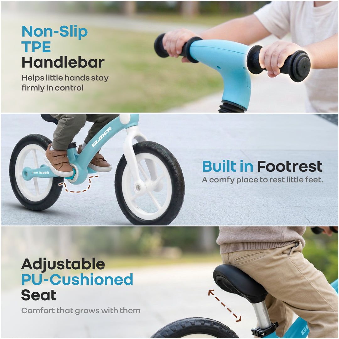 Glider Balance Bike for Kids with Adjustable PU Cushioned Seat, Puncture Proof EVA Wheels & Soft TPE Handles - Lake Blue