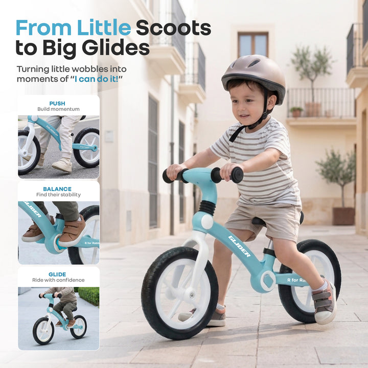 Glider Balance Bike for Kids with Adjustable PU Cushioned Seat, Puncture Proof EVA Wheels & Soft TPE Handles - Lake Blue