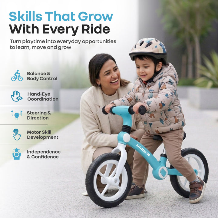 Glider Balance Bike for Kids with Adjustable PU Cushioned Seat, Puncture Proof EVA Wheels & Soft TPE Handles - Lake Blue