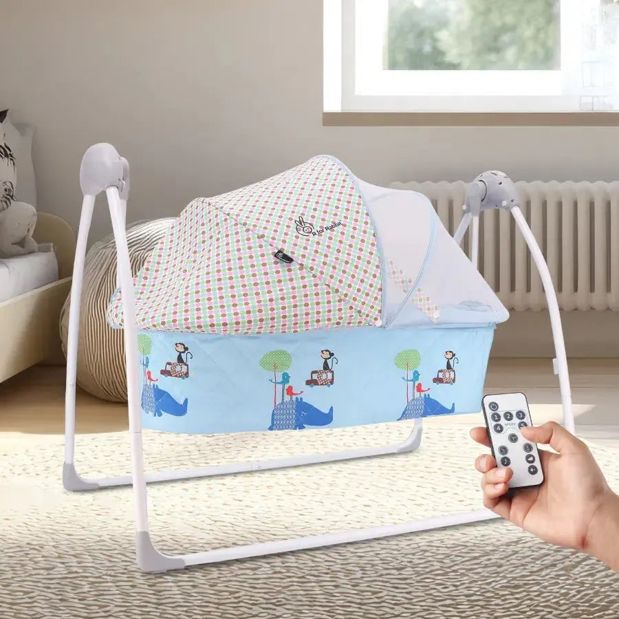 Lullabies Cradle - Auto Swing With Remote Control, 16 In-Built Soothing Music Tunes, Mosquito Net Baby Cradle, 3-Point Safety, Swing Lock - Blue