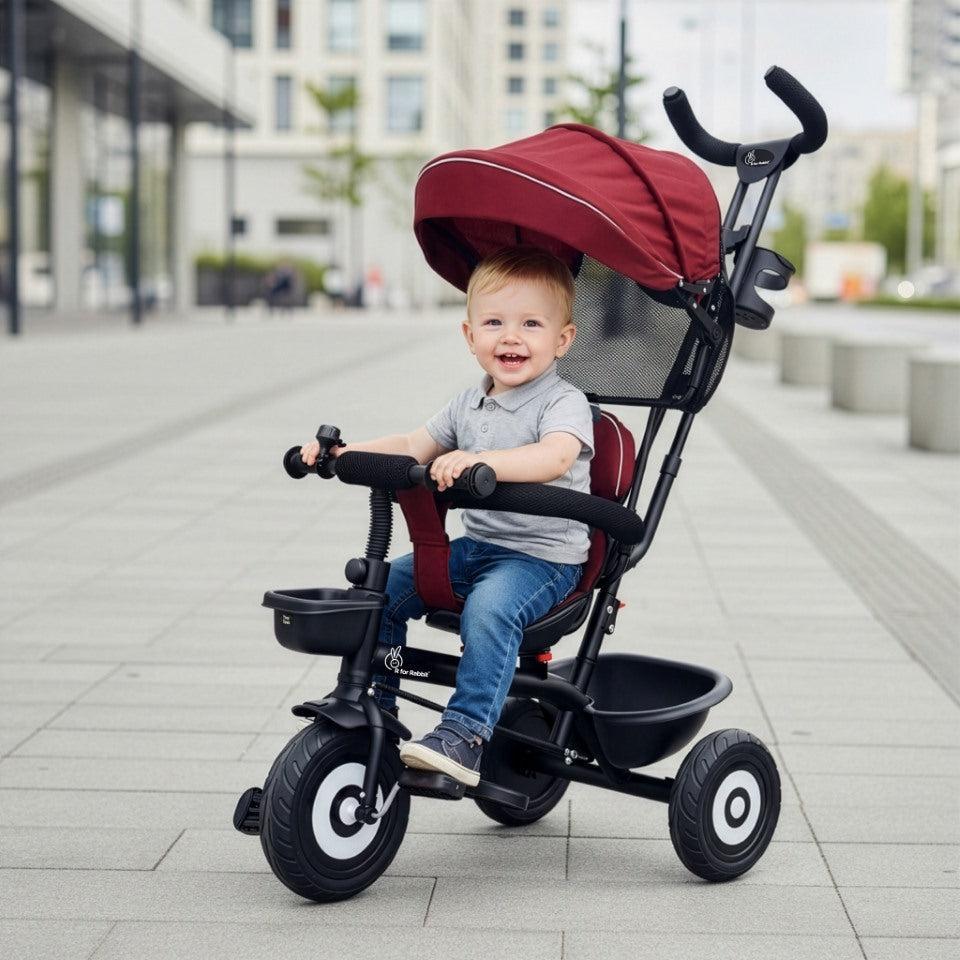 Tiny Toes T40 Plus Tricycle - Rubber Wheels, 360 Rotatable Seat, Adjustable Canopy, Parental Control, Front & Rear Baskets, 1.5-5 years - Maroon Black