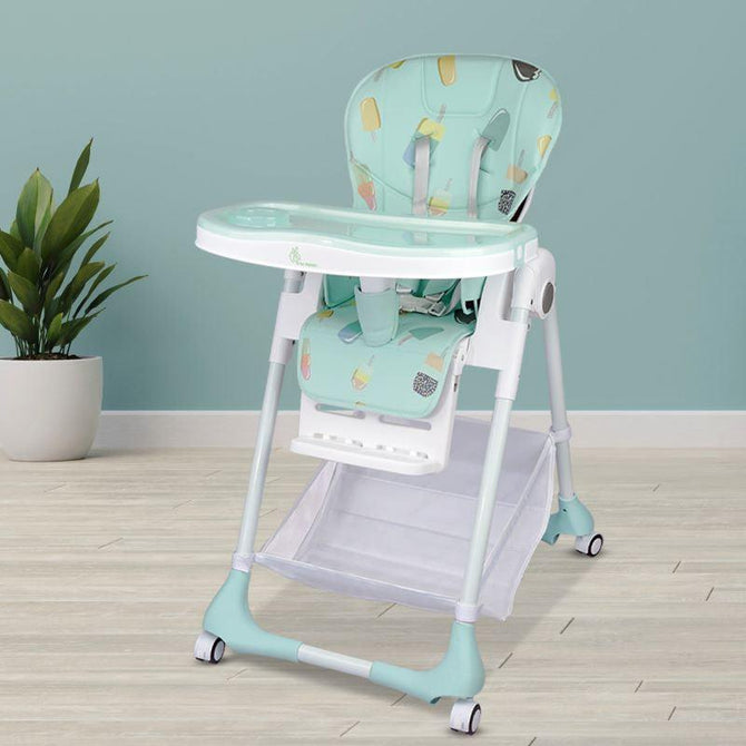 Babyhug High Chair with 7 Level Height Adjustment & Removable Cushion Seat- Sea Green| Reclining Seat| Compact Fold| Lockable Wheels| Removable Double Food Tray| Adjustable Foot-rest| Storage Basket