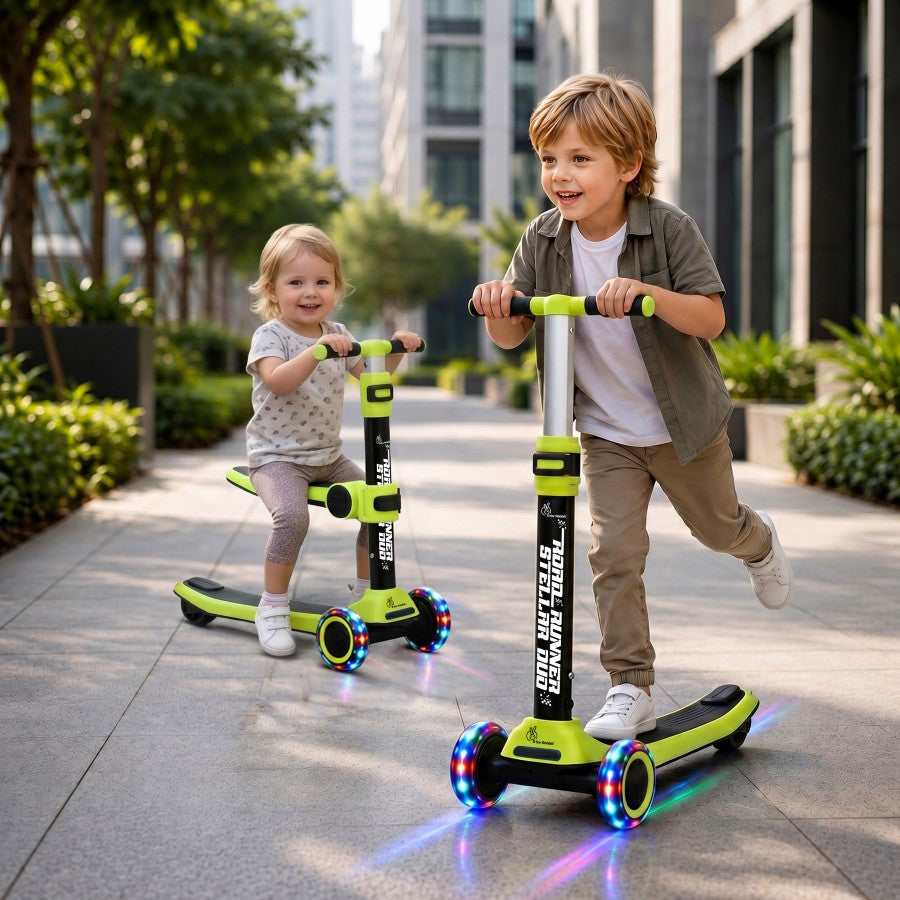Road Runner Stellar Duo 2 in 1 Kick Scooter with Detachable Seat - Sit & Stand Scooter for Toddlers - Adjustable Height - LED PU Wheels - ABEC 7 Bearings - BIS Certified - Age 3+ Years - Neon Black