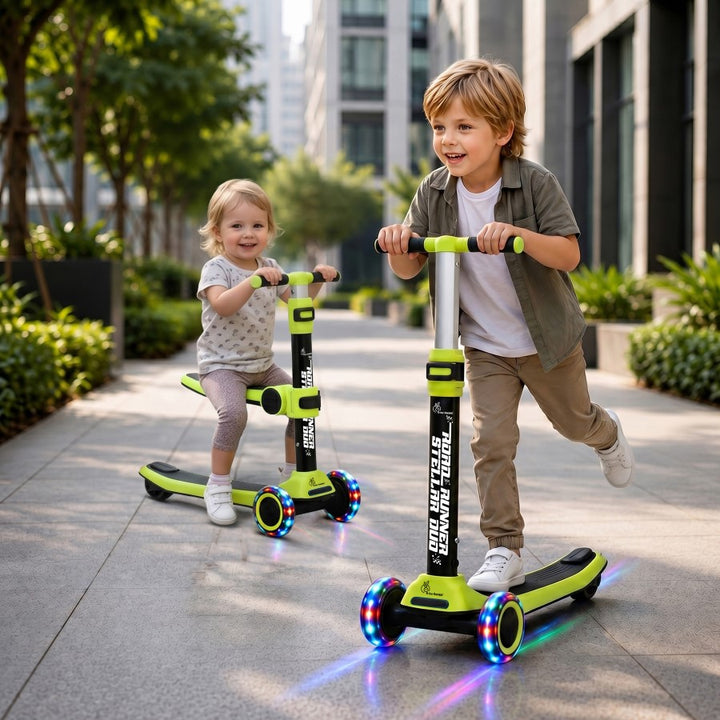 Road Runner Stellar Duo 2 in 1 Kick Scooter with Detachable Seat - Sit & Stand Scooter for Toddlers - Adjustable Height - LED PU Wheels - ABEC 7 Bearings - BIS Certified - Age 3+ Years - Neon Black