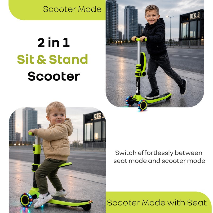 Road Runner Stellar Duo 2 in 1 Kick Scooter with Detachable Seat - Sit & Stand Scooter for Toddlers - Adjustable Height - LED PU Wheels - ABEC 7 Bearings - BIS Certified - Age 3+ Years - Neon Black