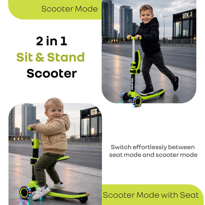 Road Runner Stellar Duo 2 in 1 Kick Scooter with Detachable Seat - Sit & Stand Scooter for Toddlers - Adjustable Height - LED PU Wheels - ABEC 7 Bearings - BIS Certified - Age 3+ Years - Neon Black