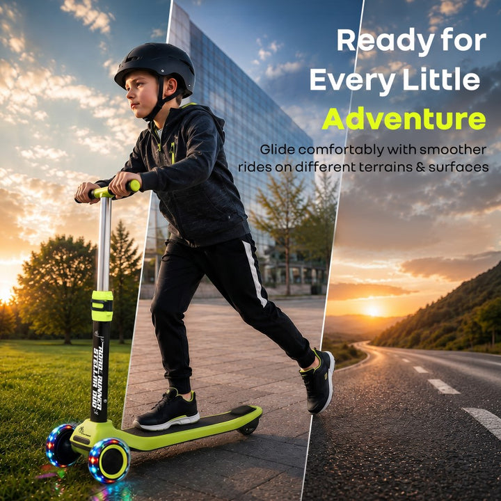 Road Runner Stellar Duo 2 in 1 Kick Scooter with Detachable Seat - Sit & Stand Scooter for Toddlers - Adjustable Height - LED PU Wheels - ABEC 7 Bearings - BIS Certified - Age 3+ Years - Neon Black
