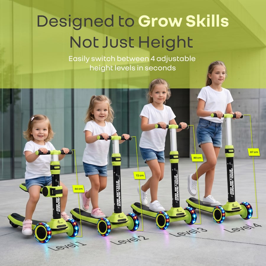 Road Runner Stellar Duo 2 in 1 Kick Scooter with Detachable Seat - Sit & Stand Scooter for Toddlers - Adjustable Height - LED PU Wheels - ABEC 7 Bearings - BIS Certified - Age 3+ Years - Neon Black
