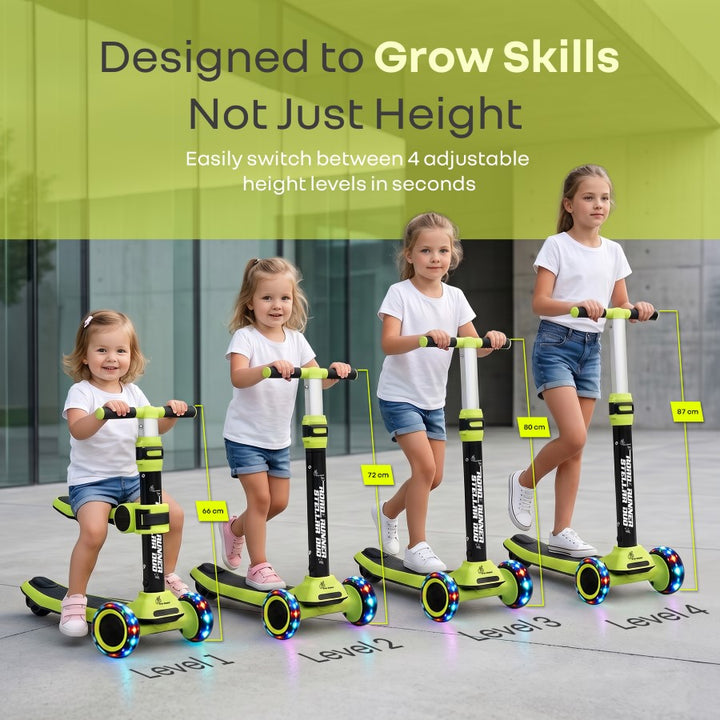 Road Runner Stellar Duo 2 in 1 Kick Scooter with Detachable Seat - Sit & Stand Scooter for Toddlers - Adjustable Height - LED PU Wheels - ABEC 7 Bearings - BIS Certified - Age 3+ Years - Neon Black