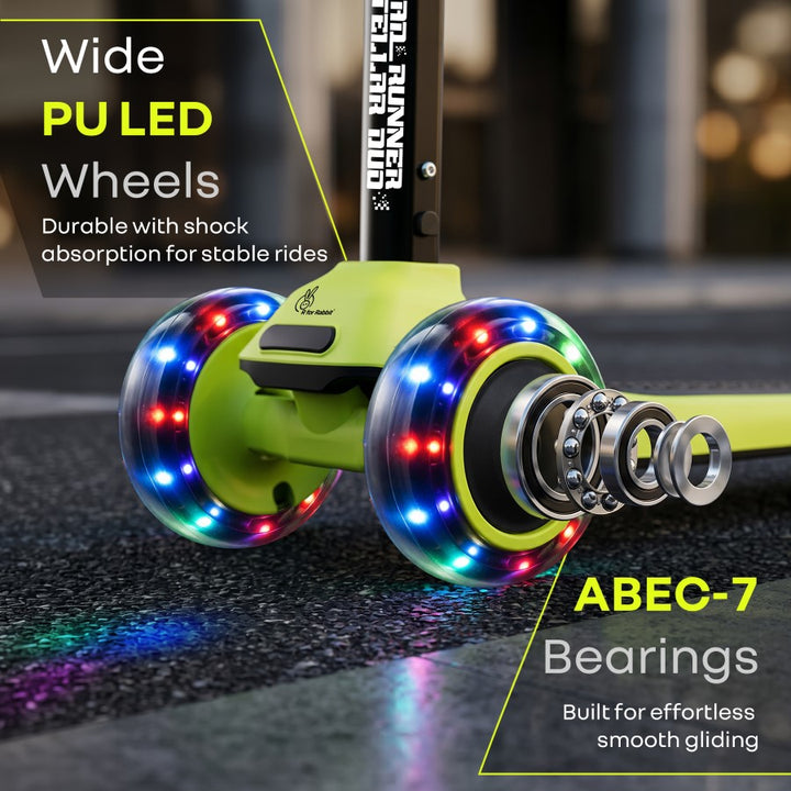 Road Runner Stellar Duo 2 in 1 Kick Scooter with Detachable Seat - Sit & Stand Scooter for Toddlers - Adjustable Height - LED PU Wheels - ABEC 7 Bearings - BIS Certified - Age 3+ Years - Neon Black