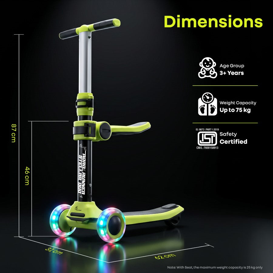 Road Runner Stellar Duo 2 in 1 Kick Scooter with Detachable Seat - Sit & Stand Scooter for Toddlers - Adjustable Height - LED PU Wheels - ABEC 7 Bearings - BIS Certified - Age 3+ Years - Neon Black