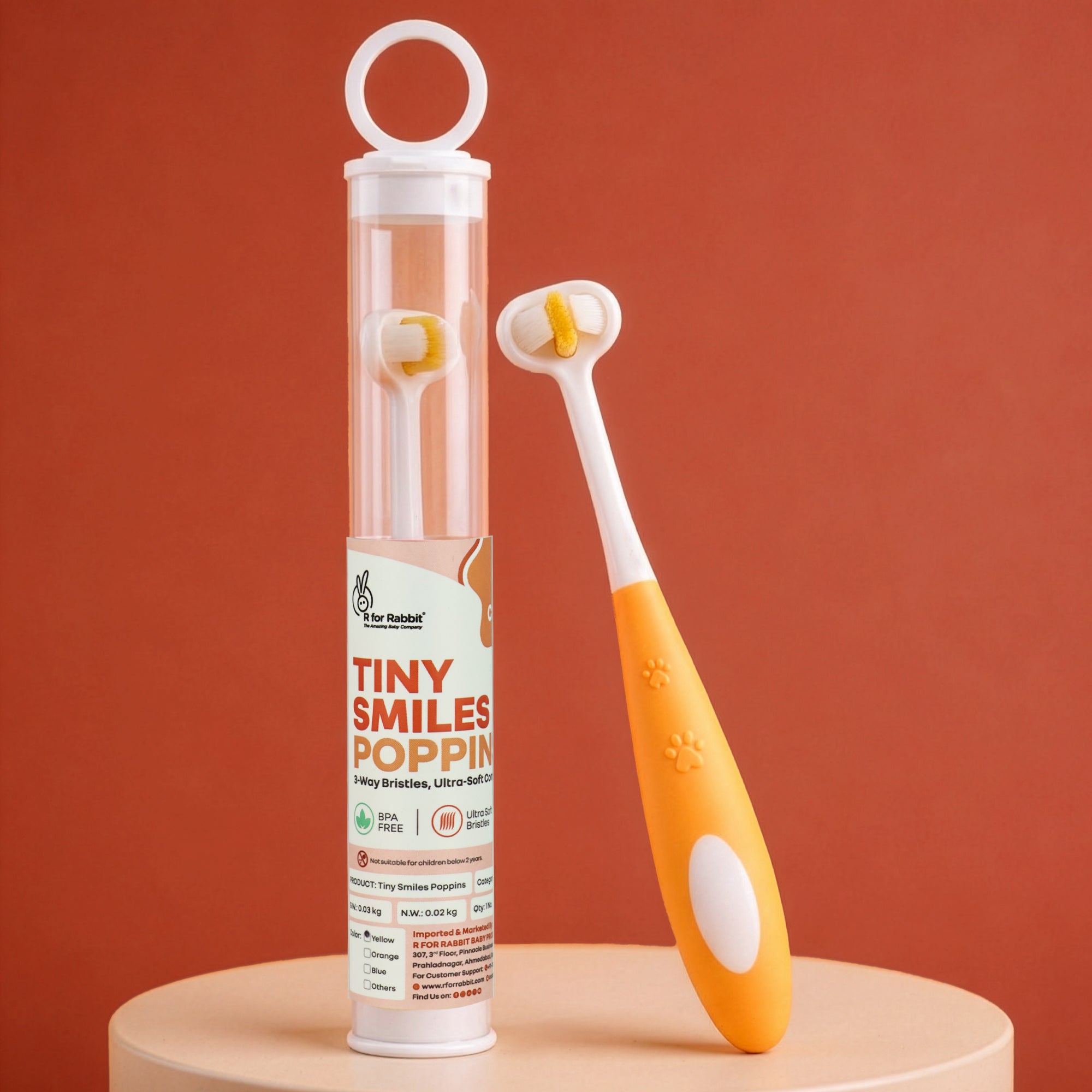 Tiny Smiles Poppins Kids Toothbrush, 3-Sided 360° Cleaning Brush, Ultra-Soft PBT Bristles - Orange