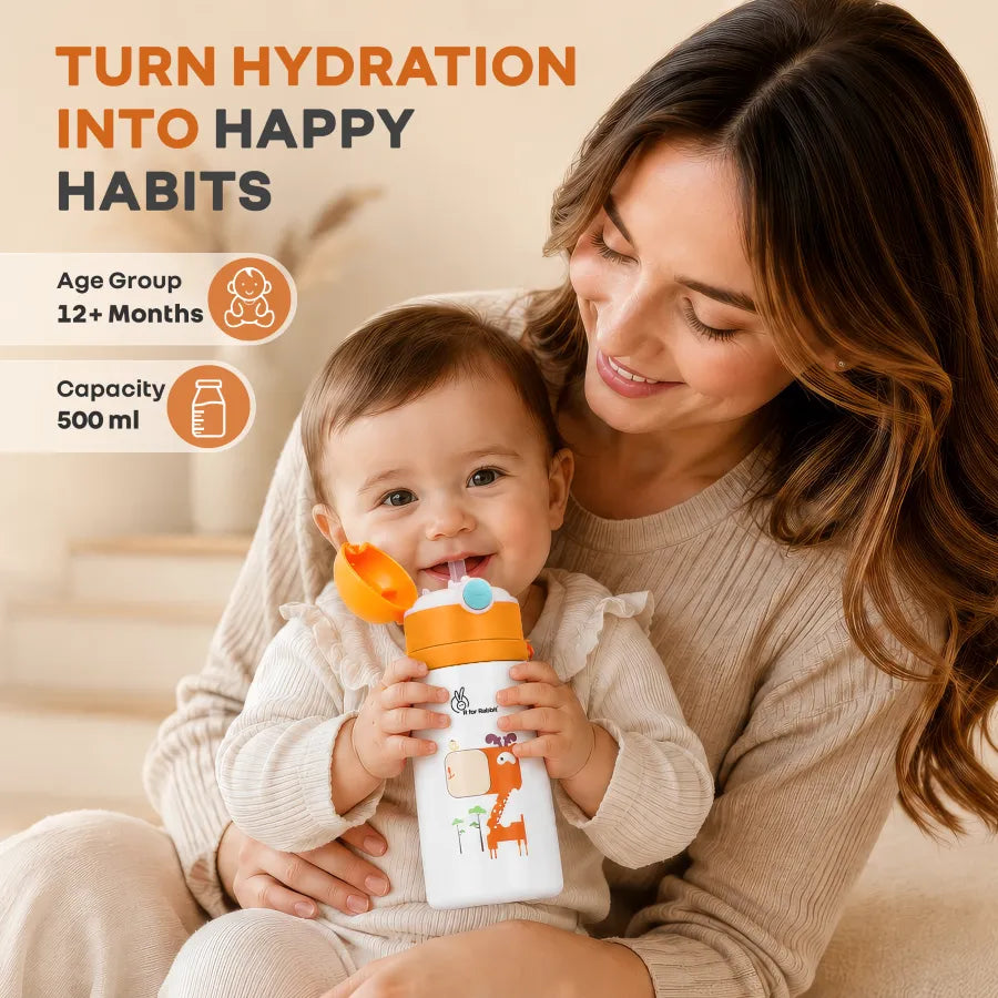 Steebo Safari Stainless Steel Sipper Bottle for Kids 500ml - Orange Giffy