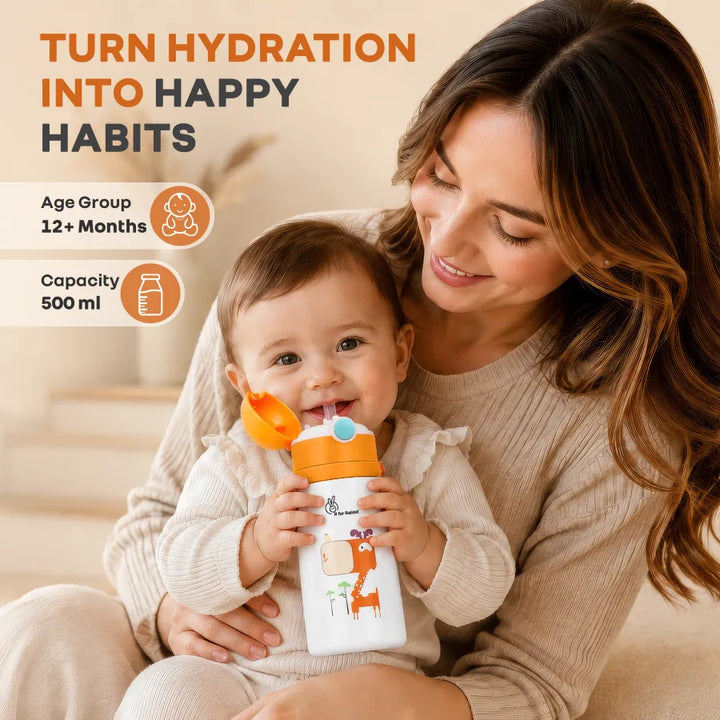 Steebo Safari Stainless Steel Sipper Bottle for Kids 500ml - Orange Giffy