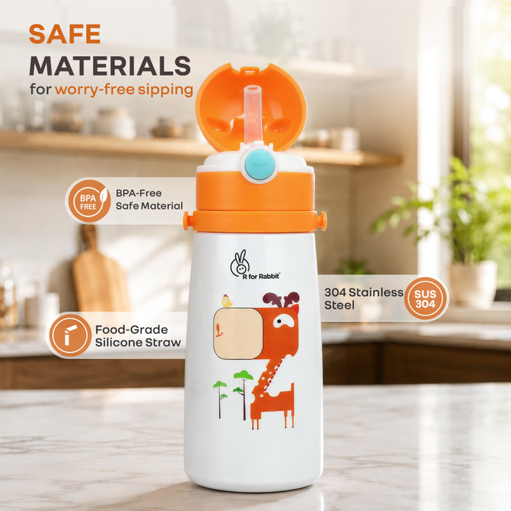 Steebo Safari Stainless Steel Sipper Bottle for Kids 500ml - Orange Giffy
