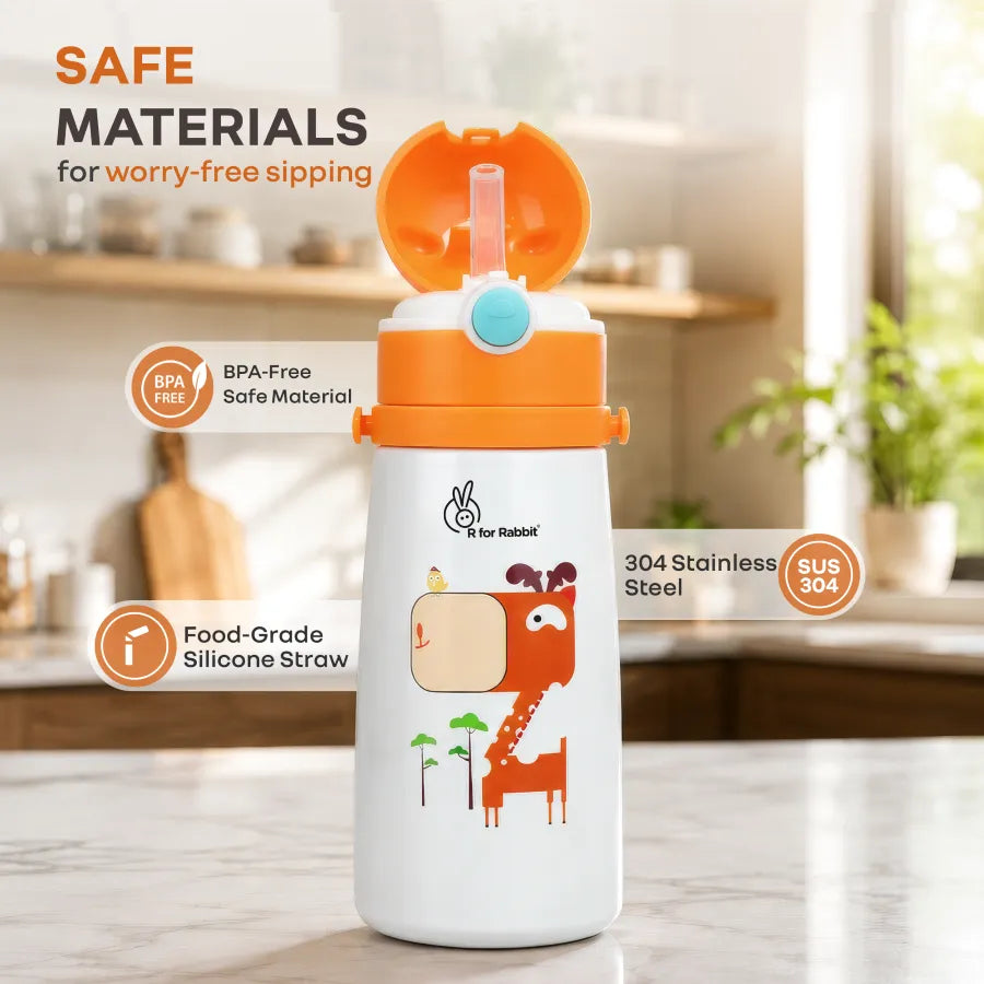 Steebo Safari Stainless Steel Sipper Bottle for Kids 500ml - Orange Giffy