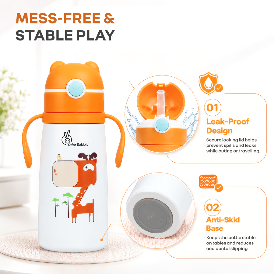 Steebo Safari Stainless Steel Sipper Bottle for Kids 500ml - Orange Giffy