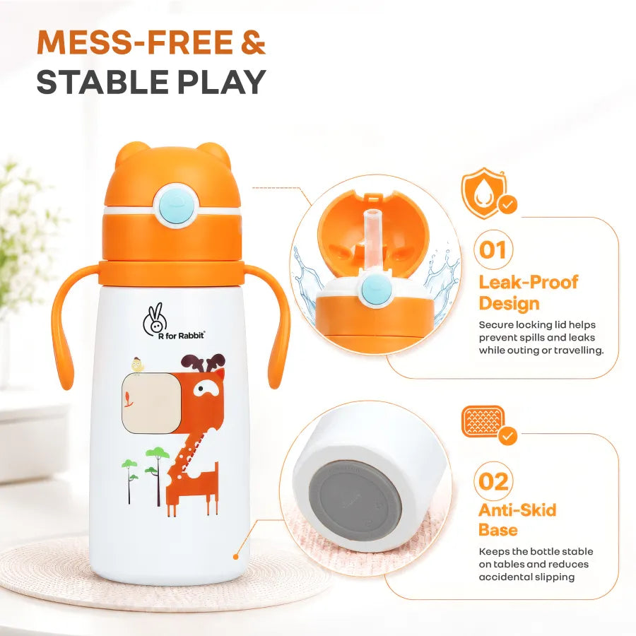 Steebo Safari Stainless Steel Sipper Bottle for Kids 500ml - Orange Giffy