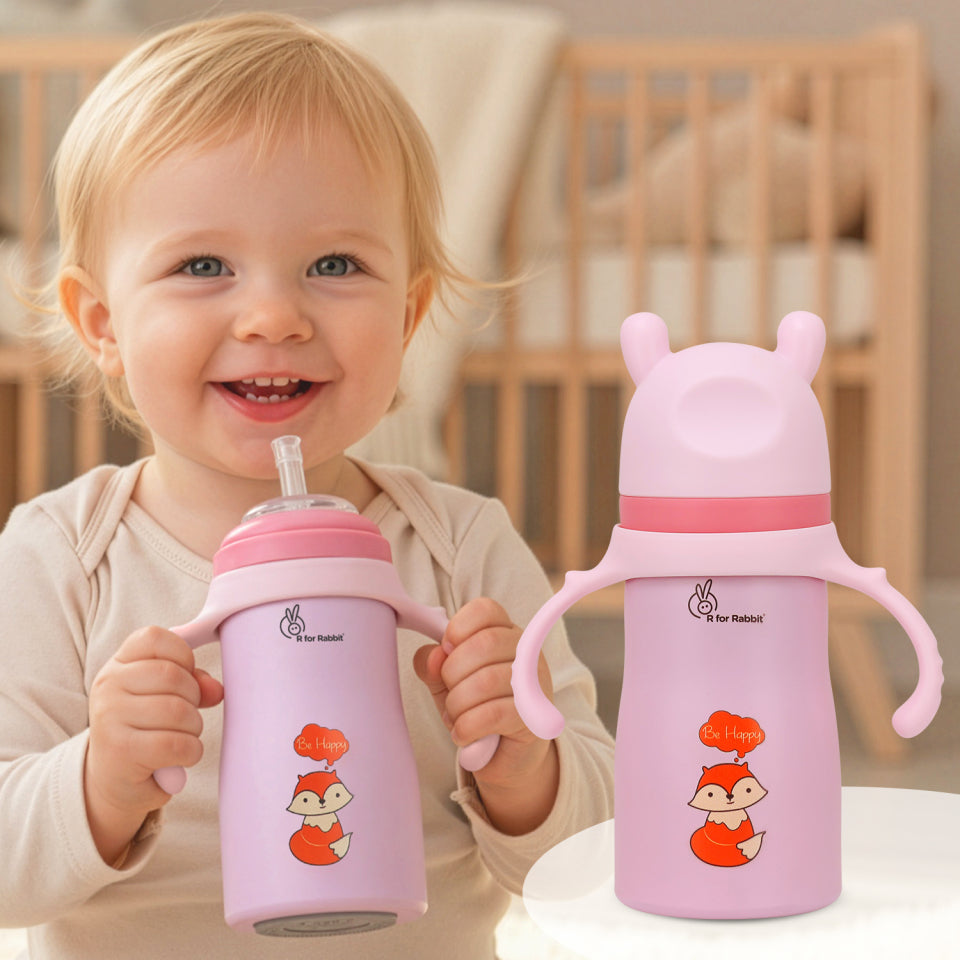 Steebo Tiny Tales 2 in 1 Spout and Straw Sipper Stainless Steel Bottle For Kids 270ml - Pink