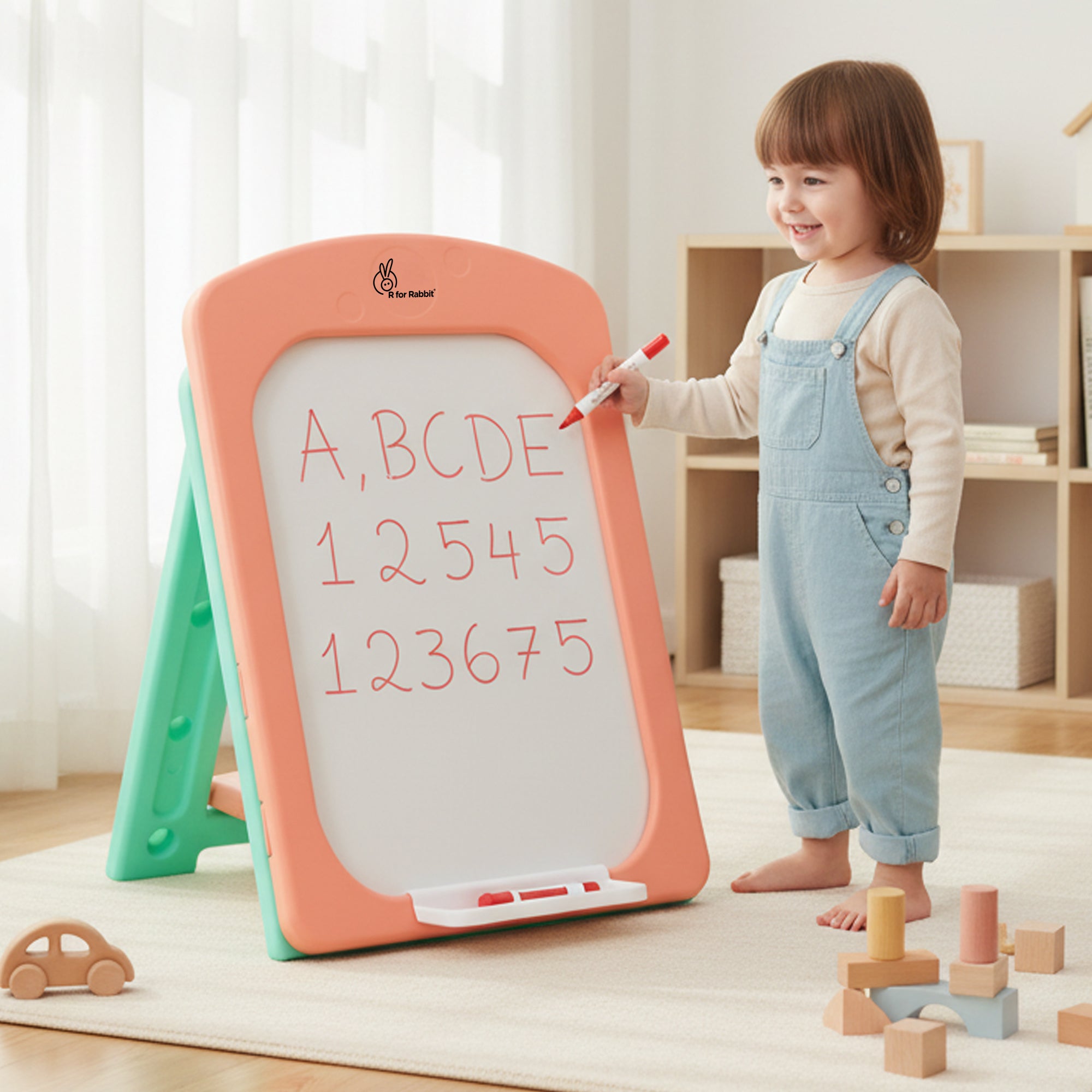 Little Genius Doodle Kids Whiteboard for Drawing & Learning – Foldable BPA Free Board with 7 Height Adjustments, Storage Tray & Stable Frame for Creative Activities (Age 3–7 Years) - Peach Green