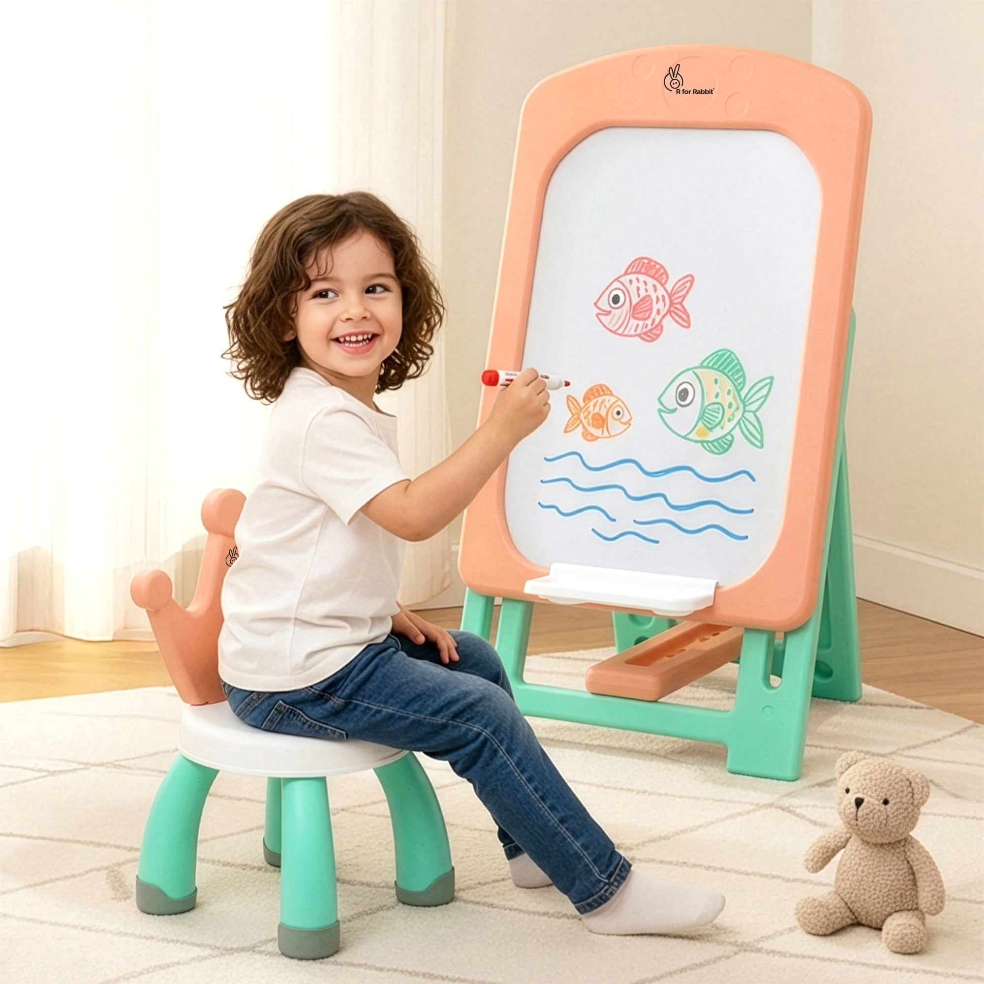 Little Genius Doodle Duo Whiteboard & Chair Set for 3–7 Years, 7-Level Height Adjustable, Foldable Study Table, Upto 40 kg - Peach Green