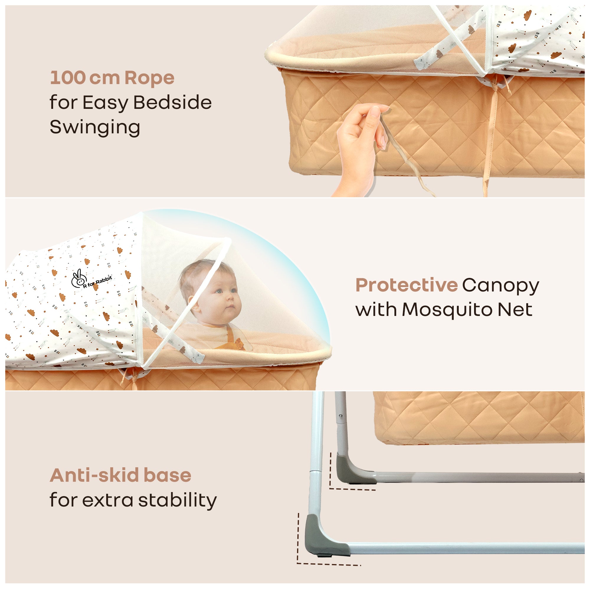 Lullabies Manual Baby Cradle (Peach Multi) Gentle Swing - R for Rabbit