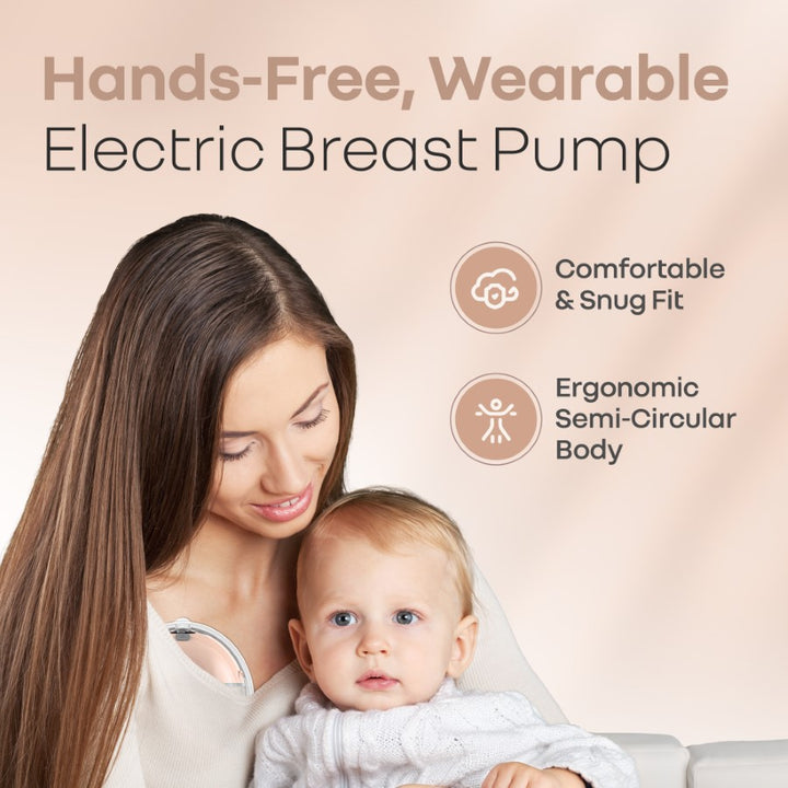 Woman holding a baby with text about a hands-free, wearable electric breast pump on a beige background