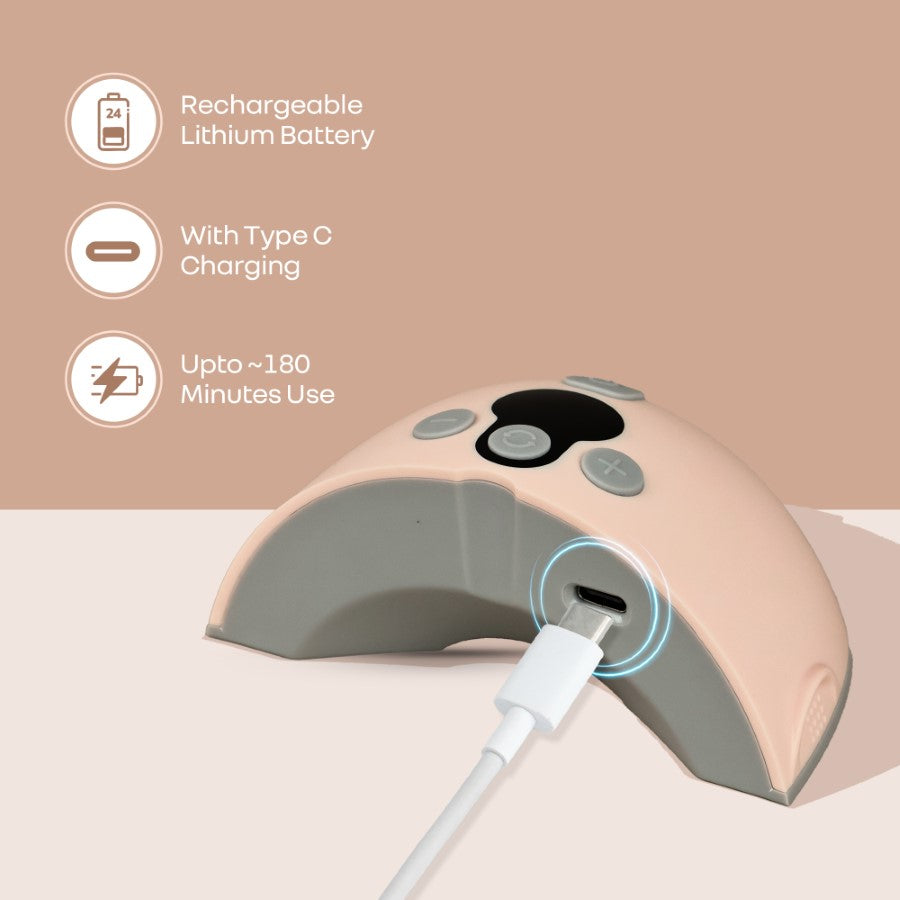 Electronic device with charging cable on a beige background, featuring rechargeable lithium battery and Type C charging text.