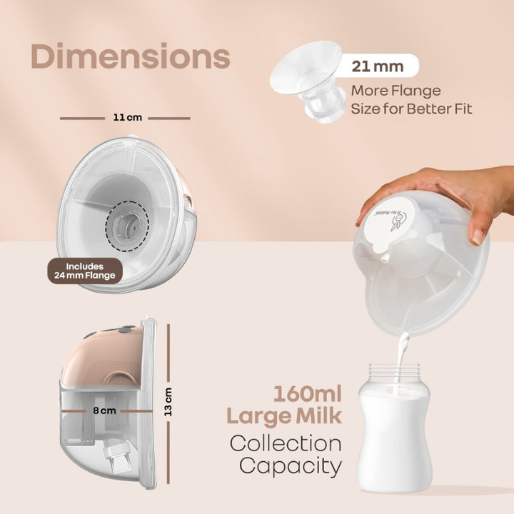 Breast pump with measurements and capacity details on a beige background