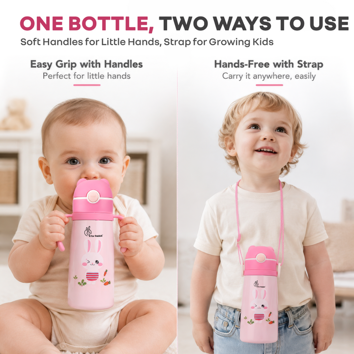 Steebo Safari Stainless Steel Sipper Bottle for Kids 500ml - Pink Bunny