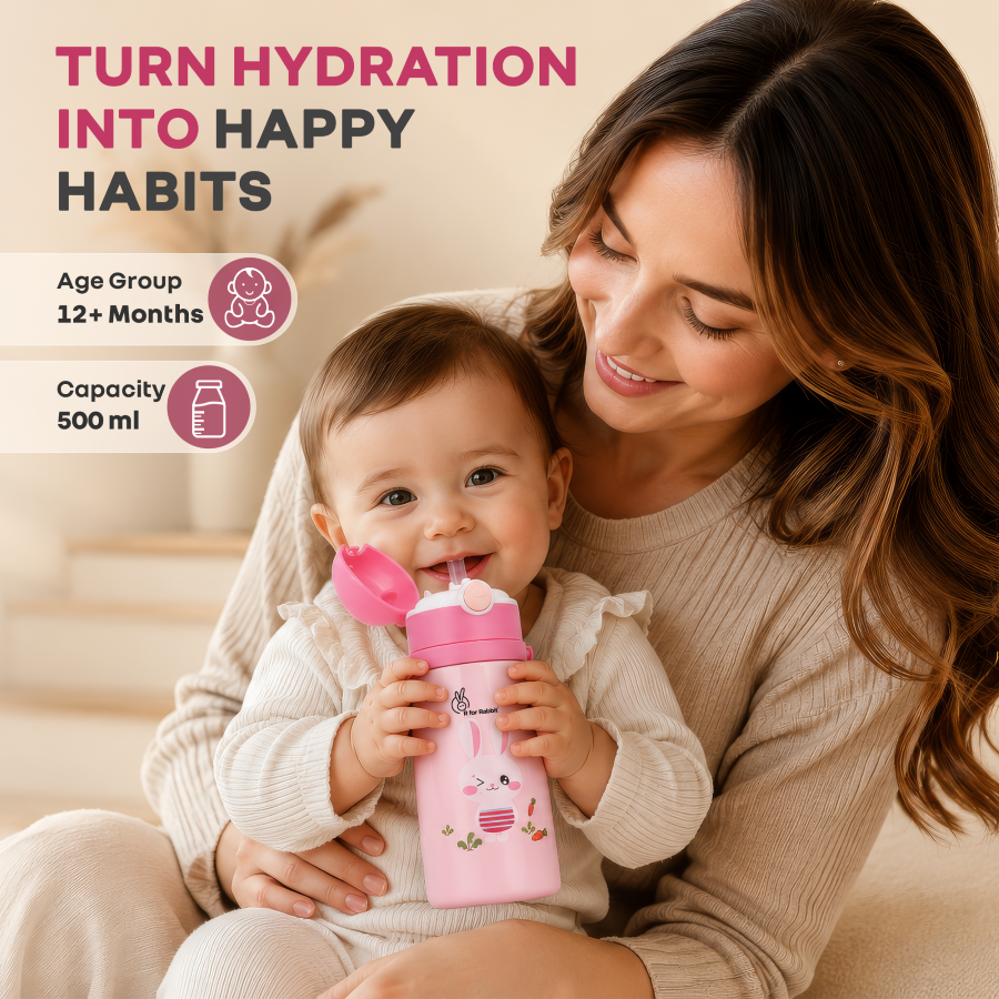Steebo Safari Stainless Steel Sipper Bottle for Kids 500ml - Pink Bunny