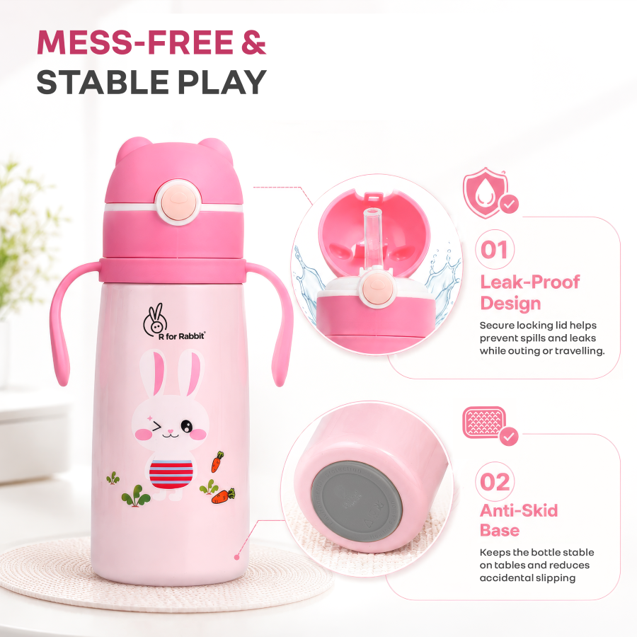 Steebo Safari Stainless Steel Sipper Bottle for Kids 500ml - Pink Bunny