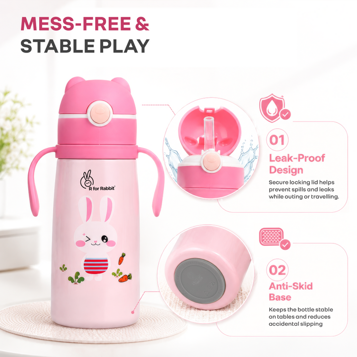 Steebo Safari Stainless Steel Sipper Bottle for Kids 500ml - Pink Bunny