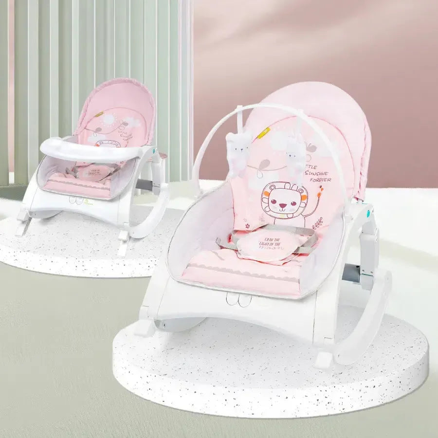 3 in 1 Rock N Play Rocker - Adjustable Backrest Recline, Detachable Toy Bar, Soothing Music & Vibration, Adjustable backrest, 0+ Months - Pink Grey