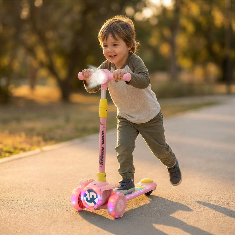 Road Runner Neo Kids Scooter with LED PU Wheels, Music, Gravity Steering, 4-Level Height Adjustment & BIS Certified Safety (3+ Years) - Pink Yellow