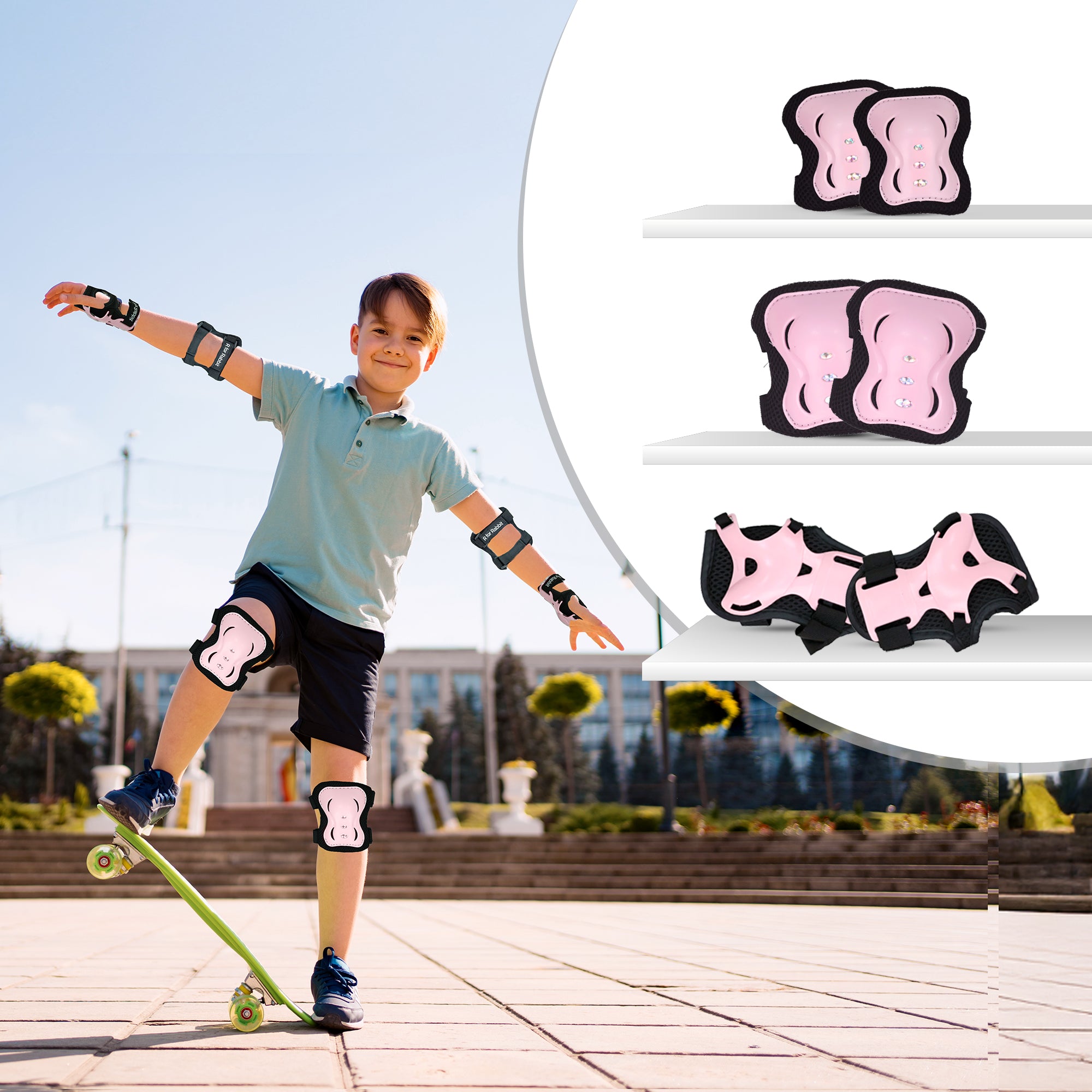 Kids Safety Protector Pads Set, Cushioned Knee, Elbow & Wrist Guards for Outdoor Riding & Sports - Pink