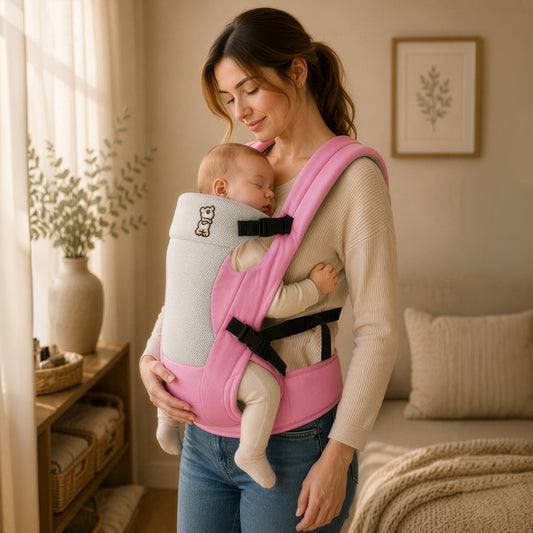 New Cuddle Snuggle Carriers cum Kangaroo Bag, Front / Back Baby Carrier Position, Foldable Head Support - Pink Grey