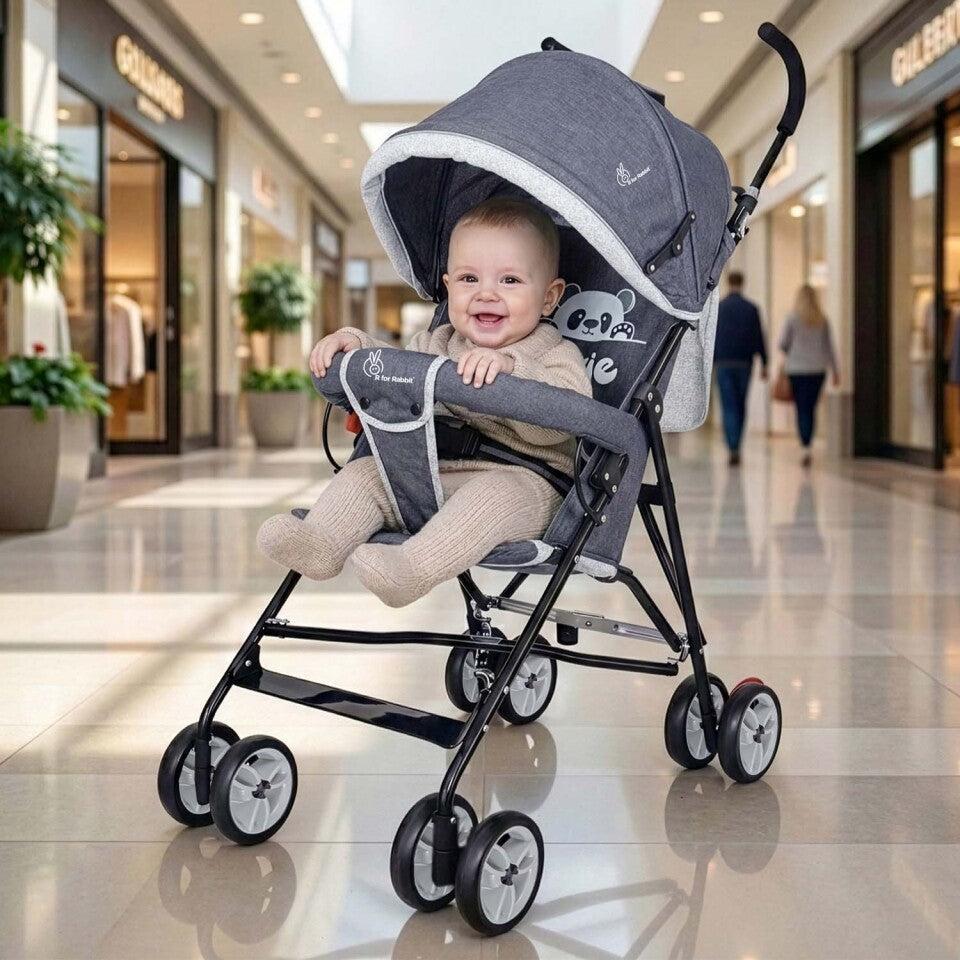 Pixie Buggy Stroller Easy to Fold and Store, UV Sun Protection Canopy, Rear Brakes, Storage Bag - Black Grey