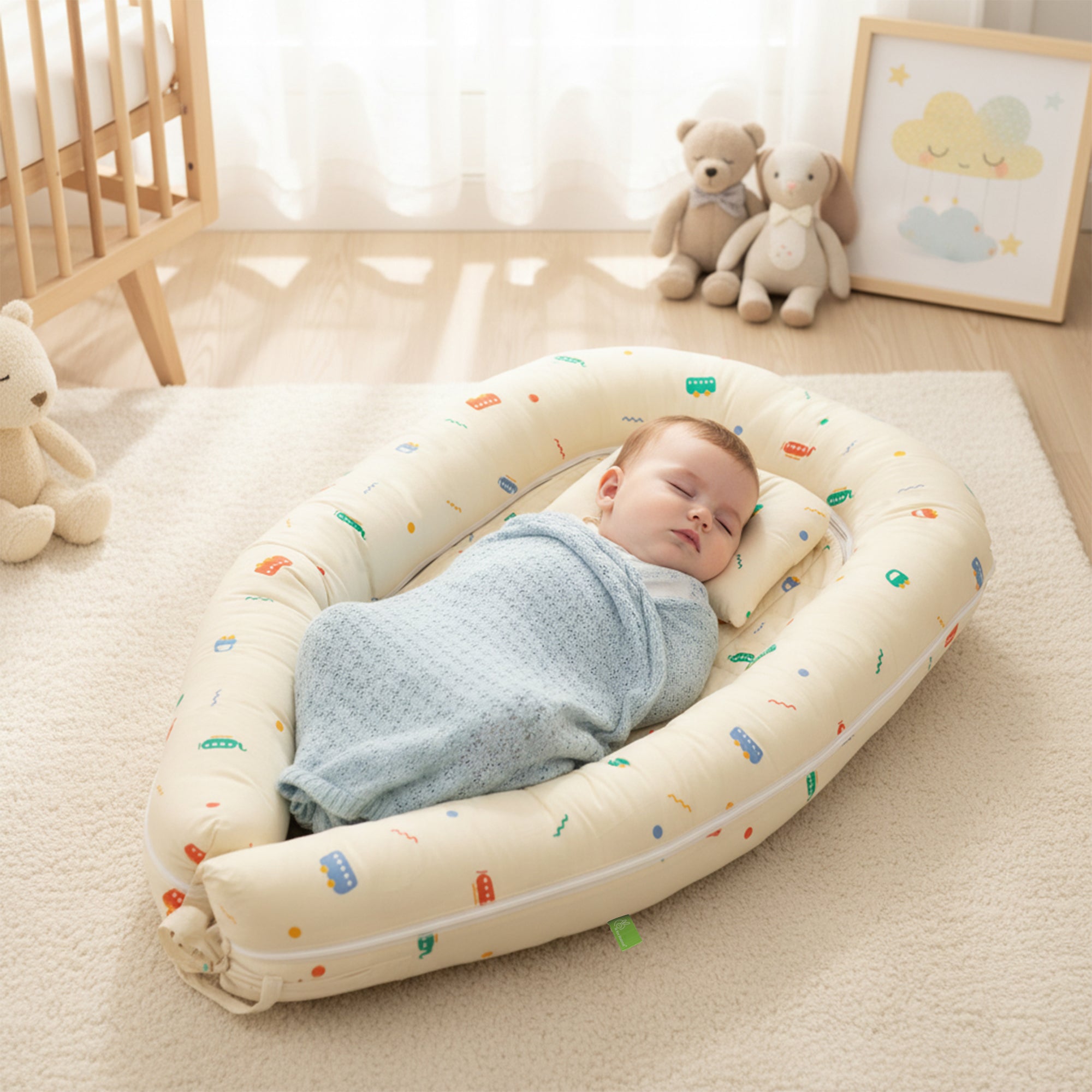 Snuggy Cuddles Newborn Baby Bed - Anti-Roll Baby Nest - 100% Cotton Breathable Lounger - Roadster Beige