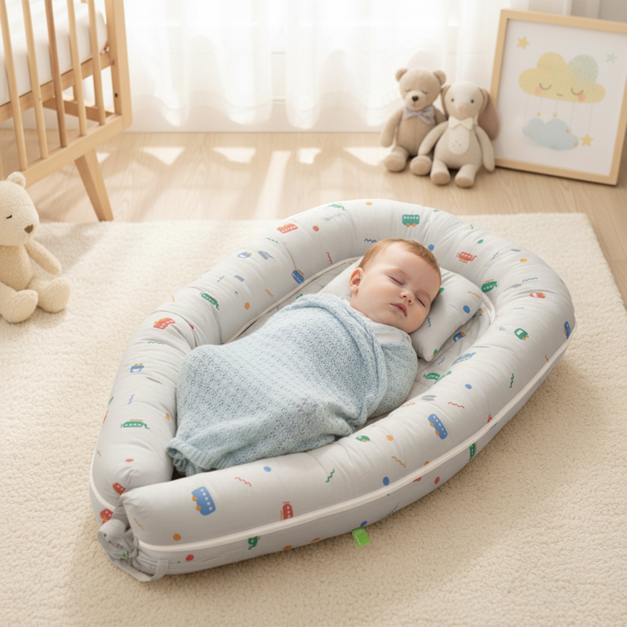 Snuggy Cuddles Newborn Baby Bed - Anti-Roll Baby Nest - 100% Cotton Breathable Lounger - Roadster Grey