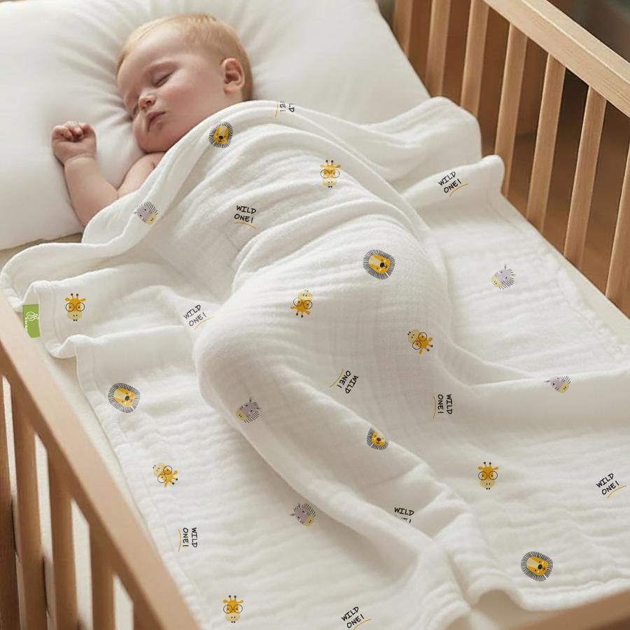 Softkins Muslin Baby Blanket With 6 Layers - Newborn Swaddle & All Season Blanket - Safari White