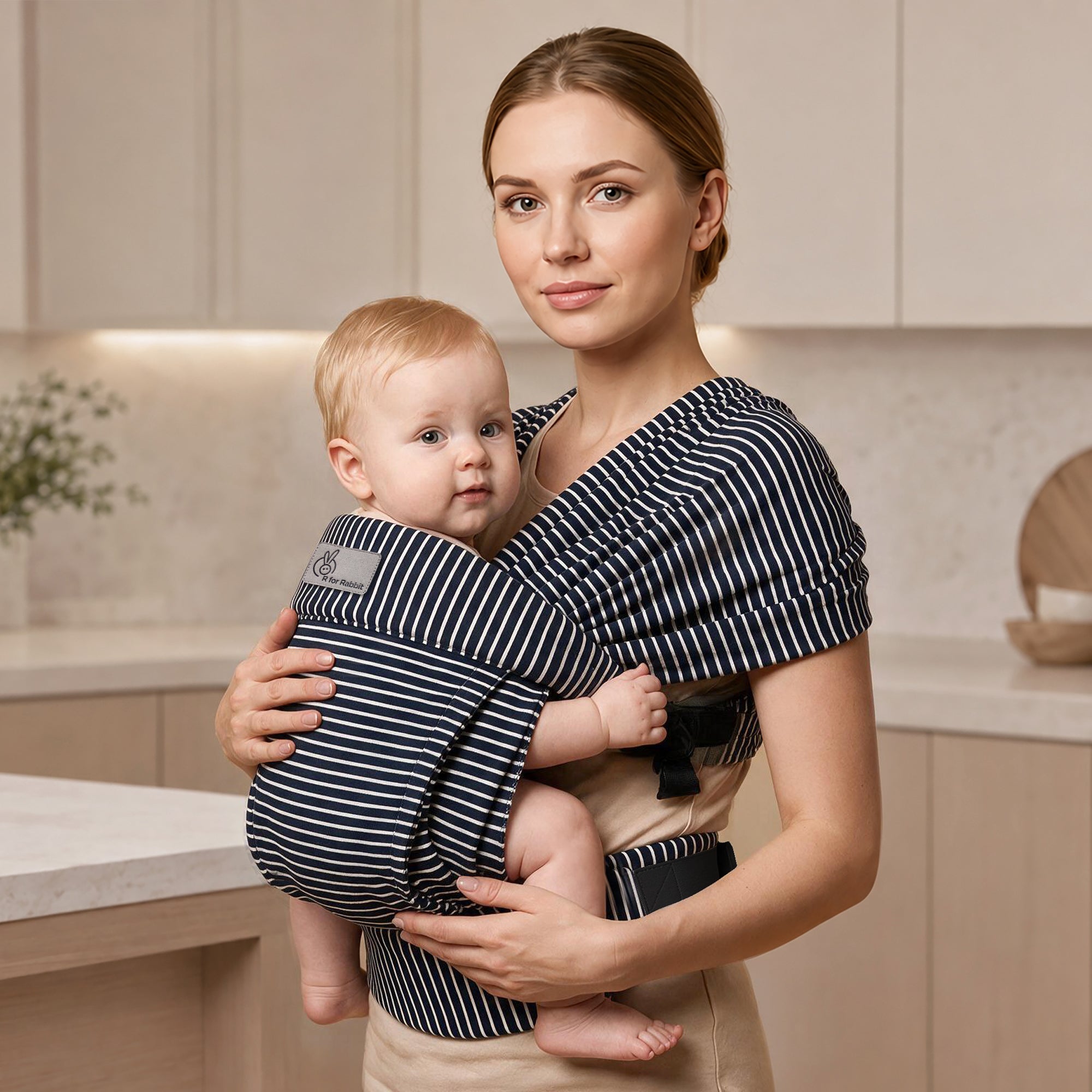 Solo Wrap Flexi Hands-Free Baby Carrier with Dual Carry Positions and 3-Point Support Design – Oxford Blue Stripes