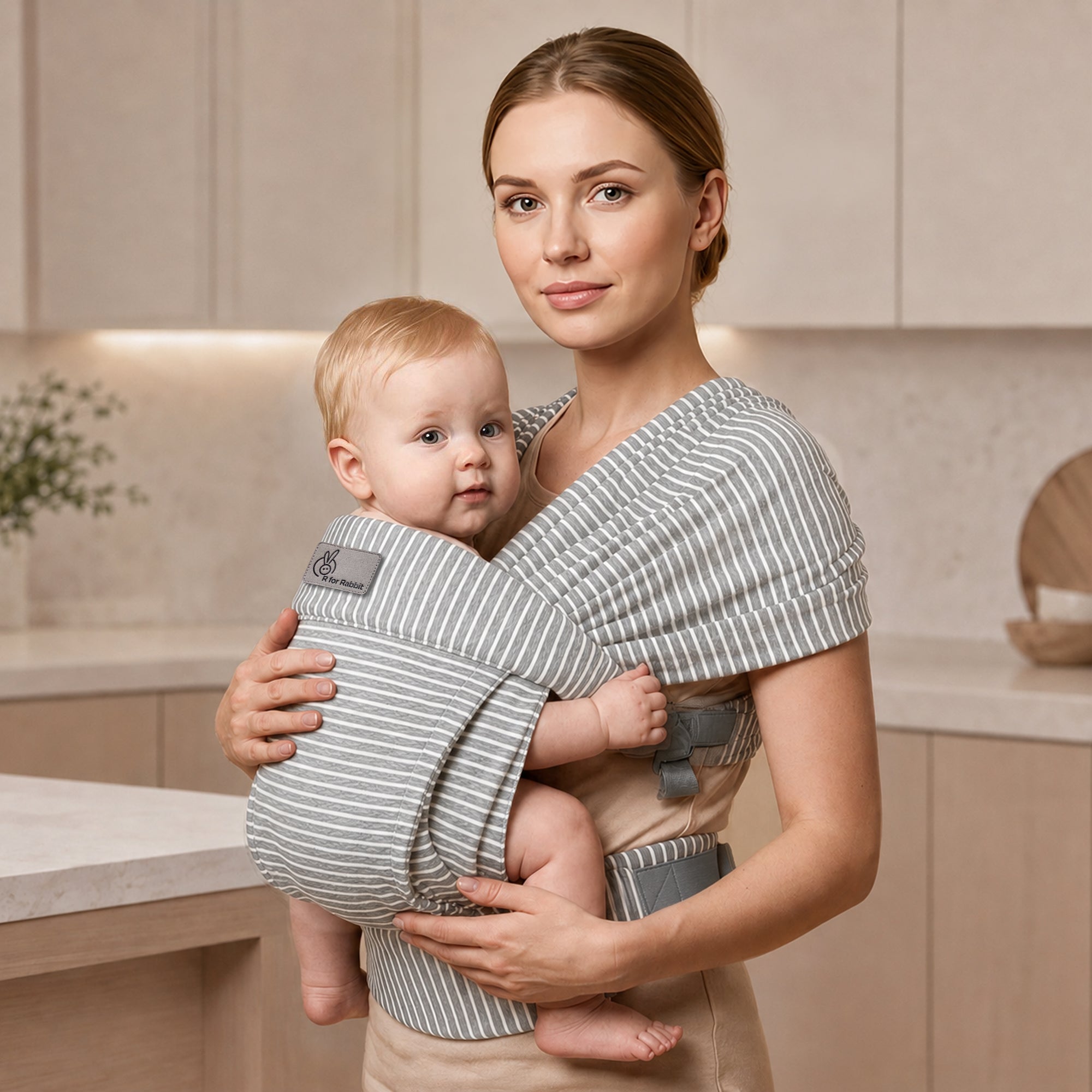 Solo Wrap Flexi Self-Wear Baby Carrier with Feather-Light Cotton Fabric and Ergonomic M-Shape Support – Mist Grey Stripes
