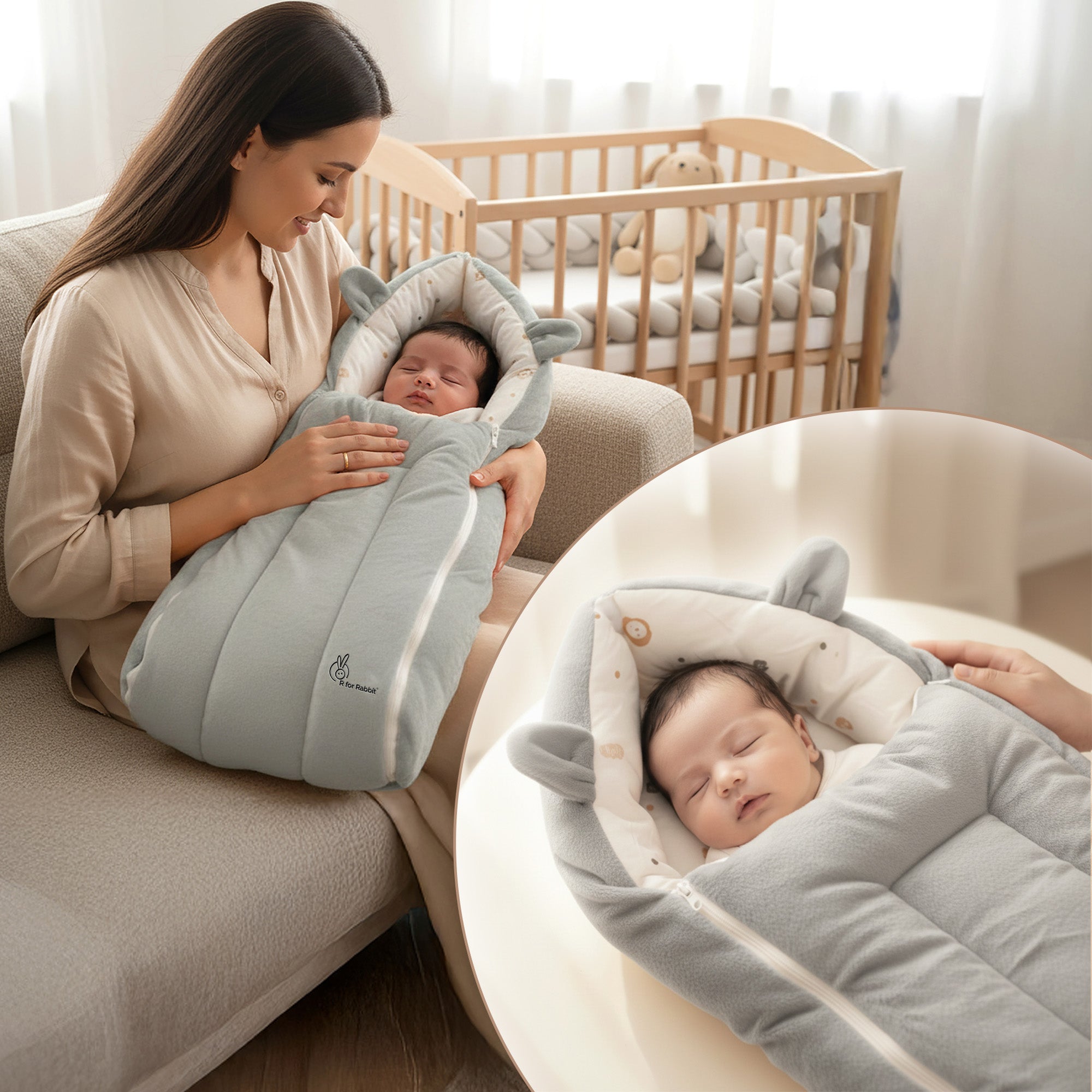 Snuggy Cucoon Baby Nest - Soft, Comfortable & Multi-Purpose Nest for Newborns 0-6 months babies - Teddy Grey