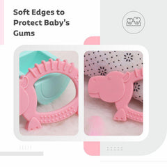 Tiny Bites Safari – Cute Baby Silicone Teether - Elephant Blue + Hippo Pink