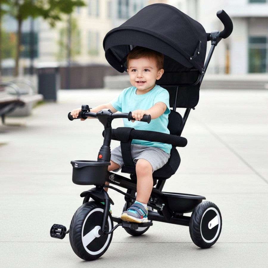 Tiny Toes T30 Ace Tricycle - 3 in 1, Adjustable Parental Control & Canopy, Front & Rear Basket - Black